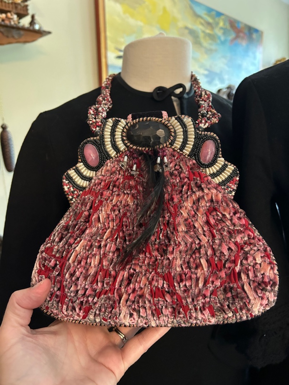 Mary Frances Beaded Embellished Pink Black Velvet Evening Shoulder Bag